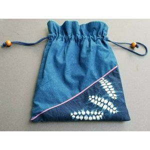 Blue Batik Cotton Drawstring Pouch Festival Ditty Bag